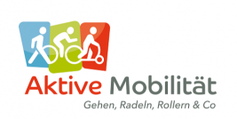Logo Aktive Mobilität, Bild Radfahrer, Fußgänger, Scooterfahrer