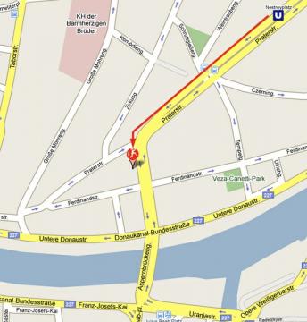 Ausschnitt aus dem Stadtplan - gekennzeichnet ist der Fußweg von der U-Bahn zum FGÖ