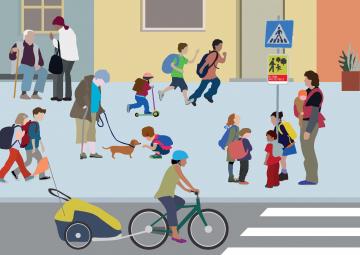 Grafik_Szene im Straßenverkehr mit FußgängerInnen und RadfahrerInnen