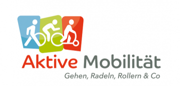Logo Aktive Mobilität, Bild Radfahrer, Fußgänger, Scooterfahrer