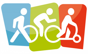 Logo ein Fußgänger-Icon, ein Radfahrer-Icon und ein Scooter-Icon